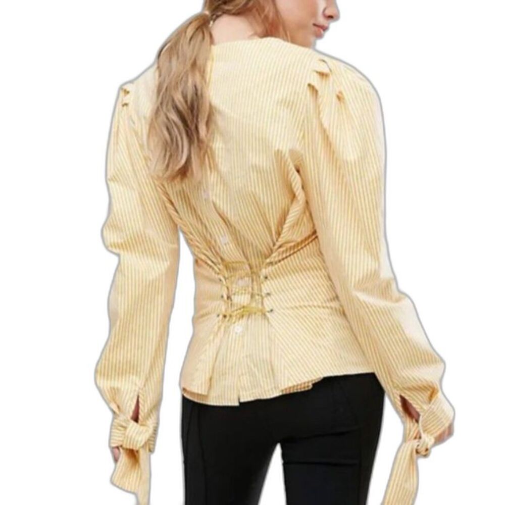 Style Mafia Women's Yellow White Striped Corset Style Puff LS Sleeve Tunic Sz M